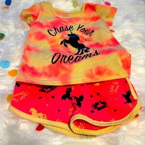 Diva girls size3T hot pink/bright yellow two piece unicorn printed suit.